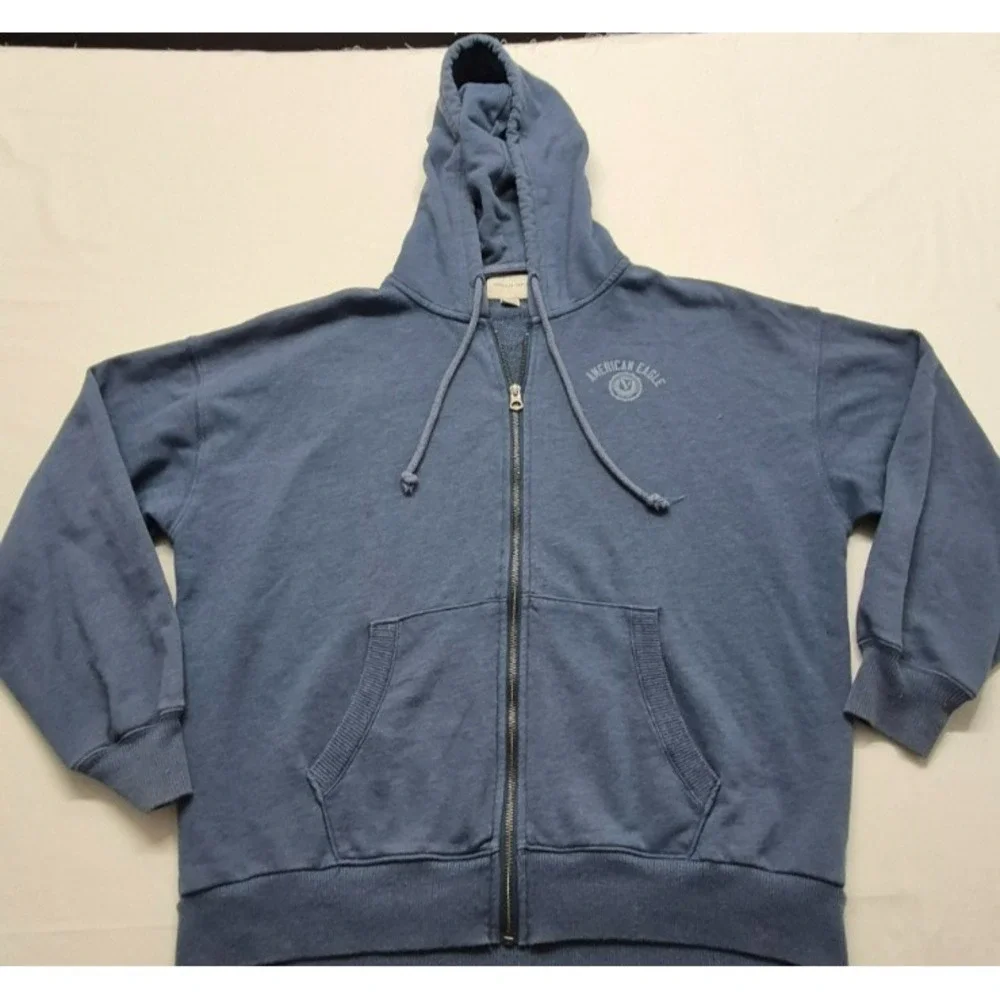 American Eagle women's lighter blue full zip pockets hoodie jacket‎ logo sz. XS